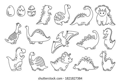 Dinosaur black linear cartoon set. Reptile flat line collection, predators and herbivores dino. Funny outline dinosaurs. Kids design for fabric or textile. Vector illustration isolated