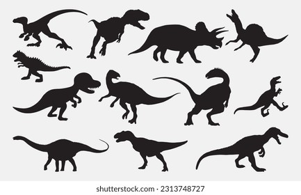 Ilustración vectorial de forma negra de dinosaurio aislada en fondo blanco. Dibujo decorativo detallado Beatle Dinosaur de forma negra conjunto aislado en fondo blanco. EPS 10.
