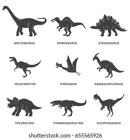 Dinosaur black silhouette set with names, patterns for kids, children's room decor, and educational poster. Vector flat style illustration isolated on white background