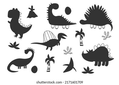 Dinosaur black silhouette set. Reptile shape collection, predators and herbivores dino. Funny dinosaurs. Kids design for fabric or textile. Vector illustration isolated EPS