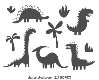 Dinosaur black silhouette set. Reptile shape collection, predators and herbivores dino. Funny dinosaurs. Kids design for fabric or textile. Vector illustration isolated EPS