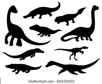 Dinosaur black silhouettes of jurassic extinct animals. Vector prehistoric dino reptiles and crocodile monsters of mesosaurus, eoraptor, ichthyostega and brachiosaurus, erythrosuchus and sarcosuchus
