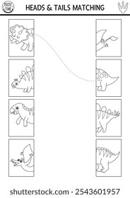 Planilha de metades de conexão preto e branco do dinossauro.  Pré-histórico dino terra jogo de correspondência, página de coloração com animais antigos. Combinar atividade de linha de cabeças e caudas com tricerátops, estegossauro, pterossauro
