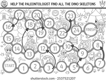 Dinossauro preto e branco jogo de tabuleiro de dados com paleontólogos, cavar paisagem. Jogo de tabuleiro pré-histórico com crianças arqueólogas, fósseis, ossos. Dino terra imprimível atividade, colorir página
