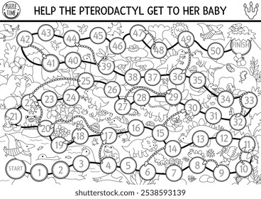 Dinosaurier Schwarz-Weiß-Würfel Brettspiel für Kinder mit Tieren, antike Weltszene. Prähistorische Linie Brettspiel mit T-Rex, Triceratops, Stegosaurus. Dino druckbare Aktivität, Malvorlage
