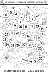 Dinosaur black and white dice board game for children with ancient world landscape. Prehistoric line boardgame with animal escaping raptors in desert. Dino land printable activity, coloring page
