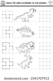 Dinossauro preto e branco desenho, escrita, traçado, atividade de orientação espacial para crianças com animais antigos. Desenhe linhas de acordo com o exemplo. Pré-escola jogo pré-histórico, quebra-cabeça, página de coloração
