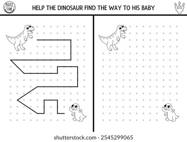 Dinosaur black and white drawing, writing, tracing, space orientation activity for kids. Draw lines according example. Preschool prehistoric printable game, puzzle with T-rex parent and baby
