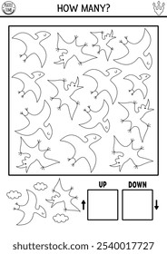 Dinosaur black and white logic game with up and down concept for kids. I spy searching, counting line activity with ancient animal. Prehistoric printable space orientation worksheet with pterosaur
