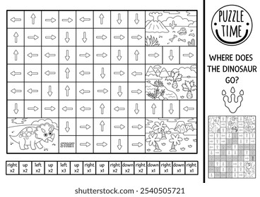 Dinossauro preto e branco labirinto de lógica para crianças com tricerátops. Atividade pré-histórica para impressão em pré-escola. Jogo de labirinto ou quebra- cabeça de linha com conceito esquerdo, direito, para cima, para baixo. Seguir a página de coloração das setas