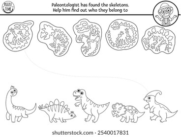 Dinosaurio blanco y negro que empareja la actividad con animales lindos, sus esqueletos. Rompecabezas de línea prehistórica con T-rex, estegosaurio. Iguala el juego de los huesos. Hoja de trabajo imprimible de Dino, página para colorear