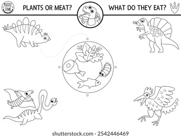 Dinosaur black and white matching activity with cute animals and food they eat. Prehistoric line puzzle or game with pterosaur, stegosaur. Printable worksheet, coloring page