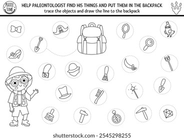 Dinosaur black and white matching activity with paleontologists objects. Prehistoric line puzzle with archeologists tools. Printable worksheet, game, coloring page for kids. Pack the backpack
