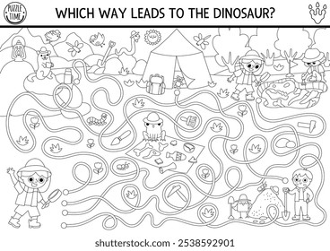 Dinosaur black and white maze. Coloring page with cute paleontologists. Prehistoric line printable activity with kids on a dig. Dino land labyrinth game with archaeologists, fossils, camp
