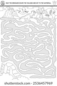 Dinosaur black and white maze for kids with ancient world landscape. Prehistoric line printable activity. Dino land labyrinth game, puzzle, coloring page. Help pterosaur escape erupting volcano
