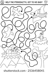 Dinosaur black and white maze for kids. Coloring page with ancient world landscape, nest, pterosaur. Prehistoric printable activity. Dino line labyrinth game, puzzle. Help pterodactyl get to baby
