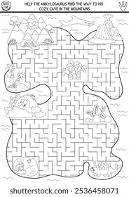 Dinosaur black and white maze for kids. Coloring page with ancient world landscape. Prehistoric line printable activity. Dino land geometric labyrinth game, puzzle. Help ankylosaur find way to cave
