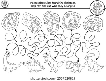 Dinossauro labirinto preto e branco para crianças com animais e seus esqueletos. Atividade imprimível de pré-histórico de linha. Dino terra labirinto jogo, quebra-cabeça, página de coloração com paleontólogo, T-rex, stegosaur
