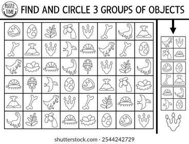 Dinossauro preto e branco procurar e encontrar o jogo com símbolos tradicionais. Atenção habilidades linha quebra-cabeça com T-rex, ninho, osso. Atividade de impressão pré-histórica para crianças. Dino procurando o quebra- cabeça