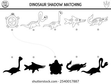 Dinosaur black and white shadow matching activity with water animals. Prehistoric line puzzle with plesiosaur. Find correct silhouette printable worksheet, game. Dino coloring page for kids
