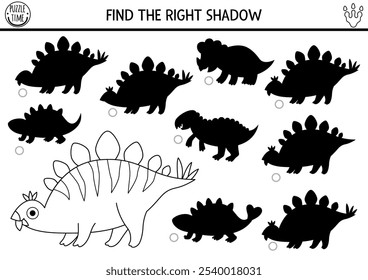 Dinosaur black and white shadow matching activity with ancient animal. Prehistoric line puzzle with stegosaur. Find correct silhouette printable worksheet, game, coloring page for kids
