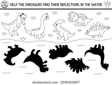 Dinosaurier schwarz-weißer Schatten passende Aktivität mit Tieren und Reflexionen im Wasser. Prähistorische Linie Puzzle mit Stegosaurier, Triceratops, T-Rex. Finden Sie richtige Silhouette druckbare Arbeitsblatt, Spiel
