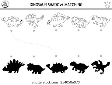 Dinosaur black and white shadow matching activity with animals. Prehistoric line puzzle with stegosaur, triceratops. Find correct silhouette printable worksheet, game. Dino coloring page for kids
