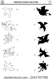 Dinosaur black and white shadow matching activity with flying animals. Prehistoric line puzzle with pterosaurs. Find correct silhouette printable worksheet, game. Dino coloring page for kids
