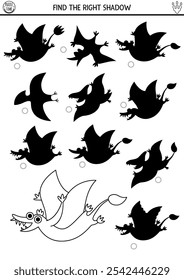 Dinosaur black and white shadow matching activity with ancient animal. Prehistoric line puzzle with rhamphorhynchid. Find correct silhouette printable worksheet, game, coloring page for kids
