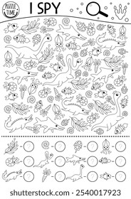 Dinosaur black and white I spy game for kids. Searching and counting line activity with plesiosaur, fish, mosasaur. Prehistoric printable worksheet, coloring page. Water dino spotting puzzle
