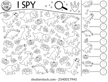 Dinosaurier schwarz-weiß Ich spioniere Spiel für Kinder. Suche und Zählen der Linienaktivität mit T-Rex, Triceratops, Stegosaurus. Prähistorisches druckbares Arbeitsblatt, Malvorlage. Einfaches Dino-Spotting-Puzzle
