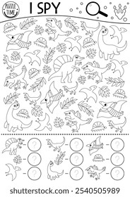 Dinosaurio blanco y negro espía juego para niños. Búsqueda y conteo de actividad de línea con braquiosaurio, pterosaurio, velociraptor. Hoja de trabajo imprimible prehistórica, página para colorear. Dino spotting puzzle