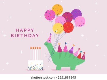 Dinosaur blowing out birthday cake candles. Holiday design for Birthday party vector illustration