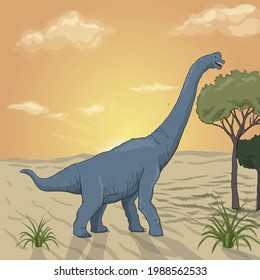 Dinosaur blue with a long neck at sunset, eating a tree