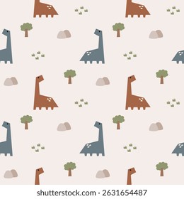 Dinossauro azul e vermelho cartoon tão bonito. No fundo da montanha de grama de árvore. Ilustração de vetor uniforme de padrão. 