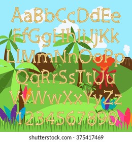 Dinosaur Bone Alphabet in Vector Format with a Prehistoric Background Landscape
