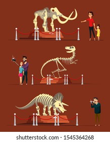 Dinosaur bones exhibition flat vector illustration. Museum visitors cartoon characters. Mother with child, man and couple taking photos. Prehistoric animals skeletons, educational exposition