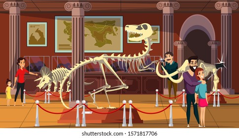 Dinosaur bones exhibition flat vector illustration. 
