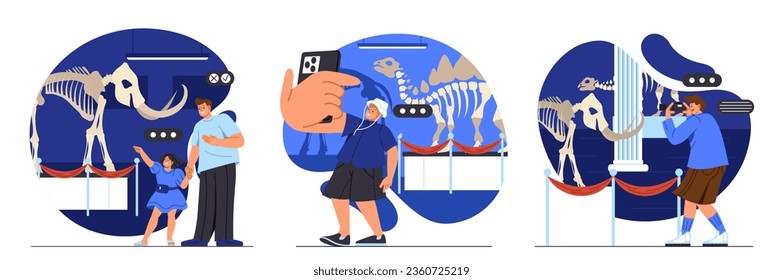 Dinosaur bones exhibitions set. Man and kid at gallery or museum. Cultural rest and leisure. Paleontology, history and archeology. Cartoon flat vector collection isolated on white background