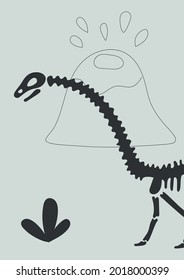 Dinosaur bones, leaves and volcano on light green background. Funny Vector illustration Dino skeleton in Scandinavian style. Childish design for  wall print, cards.