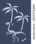 Dinosaur bones and palm on blue background. Funny Vector illustration Dino skeleton in Scandinavian style. Childish design for  wall print, cards.
