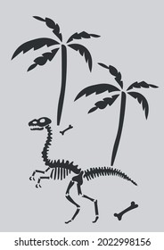 Dinosaur bones and palm on grey background. Funny Vector illustration Dino skeleton in Scandinavian style. Childish design for  wall print, cards.