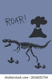 Dinosaur bones and volcano on blue background. Phrase Roar. Funny Vector illustration Dino skeleton in Scandinavian style. Childish design for  wall print, cards.