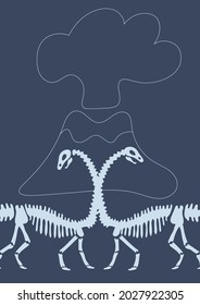 Dinosaur bones and volcano on blue background. Funny Vector illustration Dino skeleton in Scandinavian style. Childish design for  wall print, cards.