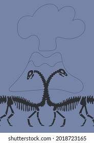 Dinosaur bones and  volcano on light green background. Funny Vector illustration Dino skeleton in Scandinavian style. Childish design for  wall print, cards.