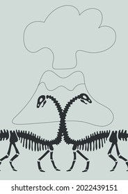 Dinosaur bones and volcano on light green background. Funny Vector illustration Dino skeleton in Scandinavian style. Childish design for  wall print, cards.