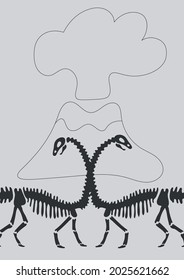 Dinosaur bones and volcano on light grey background. Funny Vector illustration Dino skeleton in Scandinavian style. Childish design for  wall print, cards.
