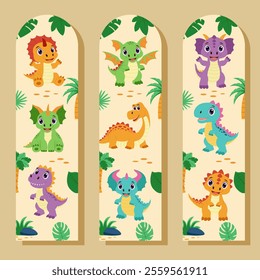 Dinosaur bookmarks. Set of bookmarks with dinosaurs and tropical plants.