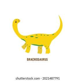 Dinosaur brachiosaurus. Large herbivore, extinct ancient lizard with long neck, Jurassic period. Card. Colorful vector isolated illustration hand drawn. White background. Yellow cute dinosaur