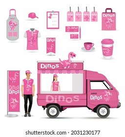 Dinosaur brand Roadside merchandising trucks and staff uniforms and shop decorations.illustration vector